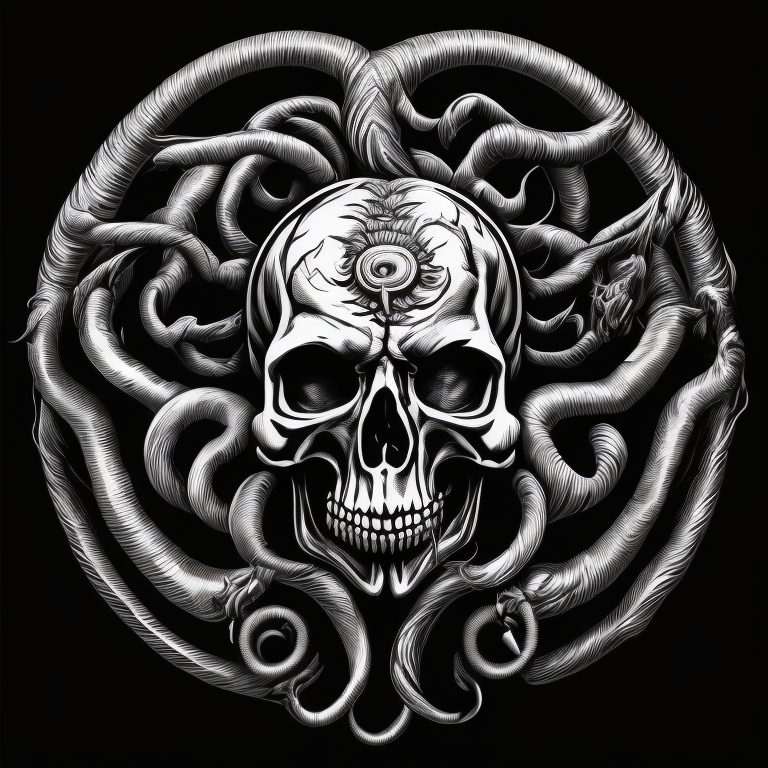 череп медузы Горгоны, черно-белый монохромный рисунок, гравюра, line-art, изолирован на черном фоне
