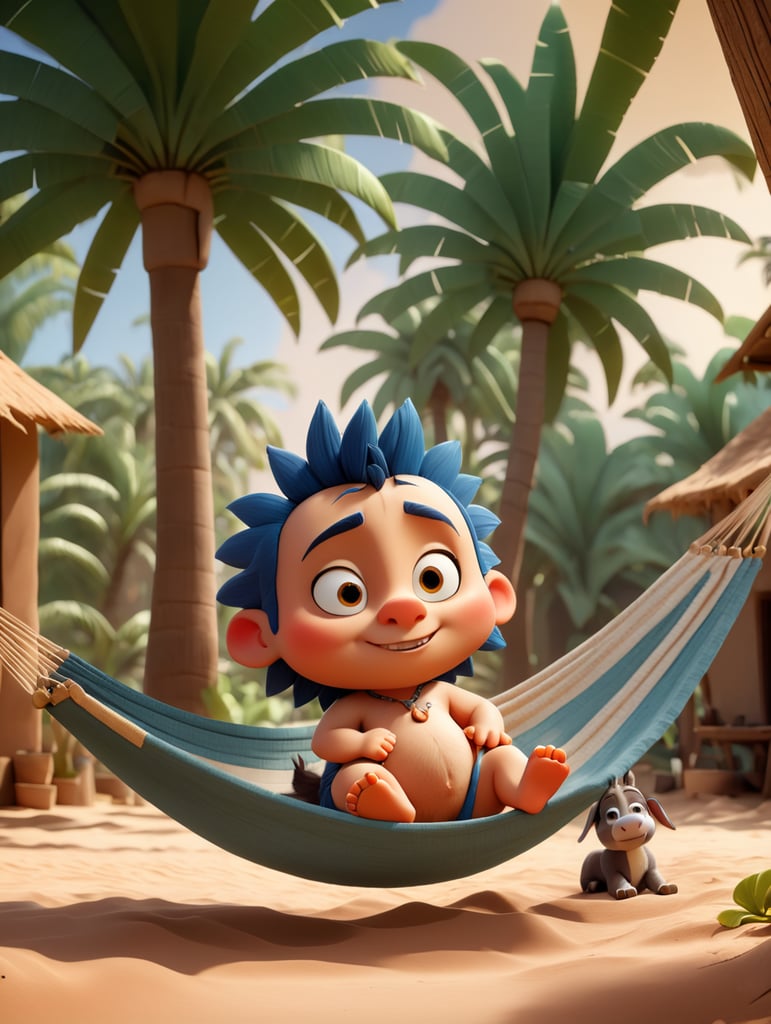 baiano com feiçao triste deitado na rede num sol escaldante no interior da bahia chao de terra casas em vota de barro muitos coqueiros ao redor e um burrinho