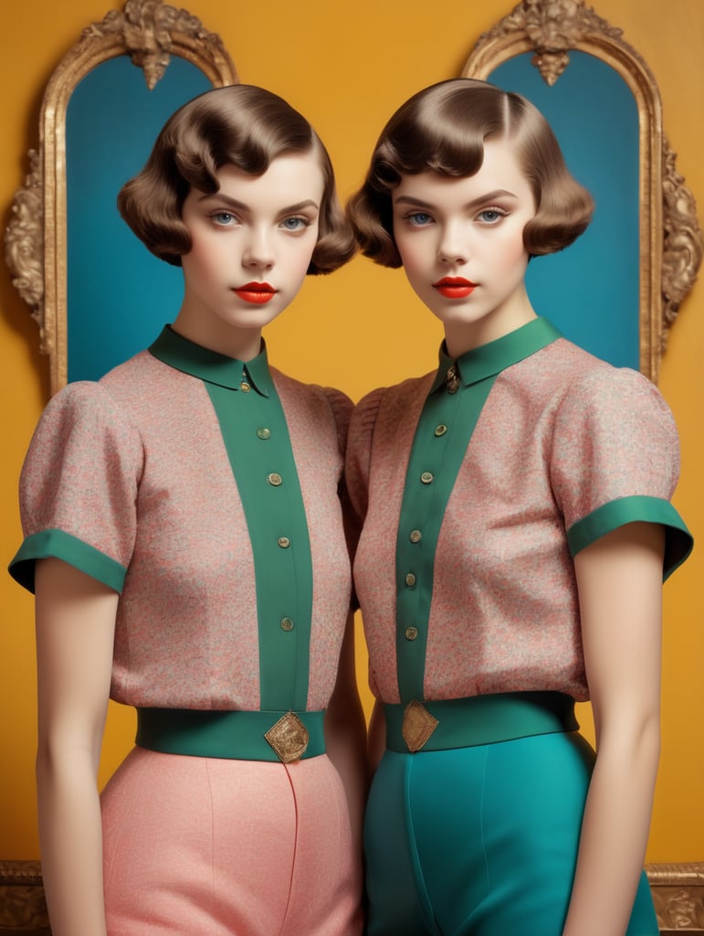 Vintage portrait of two young girls with short hair standing next to eachother, style of James Bidgood, frontal view, symmetry, Incredibly high detail, Bright colors