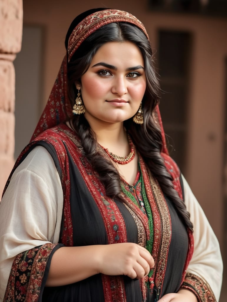 Fat Afghan pashtun woman with pakistani blood, overweight , , small breasts, high cheekbones, slight smile no teeth showing, brown skin, wearing traditional afghan clothes shining through, light makeup, hourglass figure, black hair