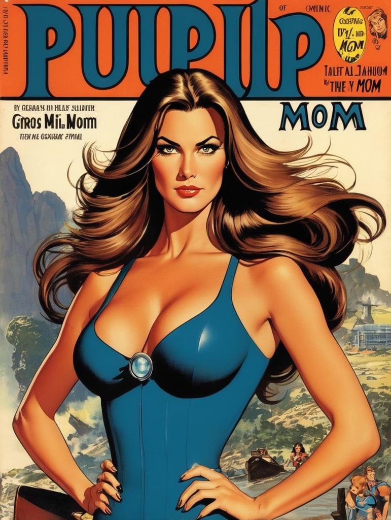 This artwork cover for a comic book of a beautiful mom with long hair by George Wilson is an eye-catching poster-style drawing and illustration representing the iconic pulp style.