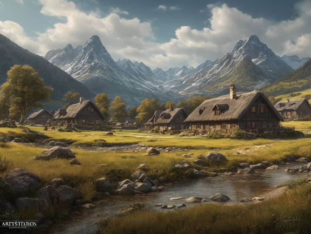 scenery view of lots of amateur cottages in a wide open field, nice detailed sky, mountain in background, small river in foreground