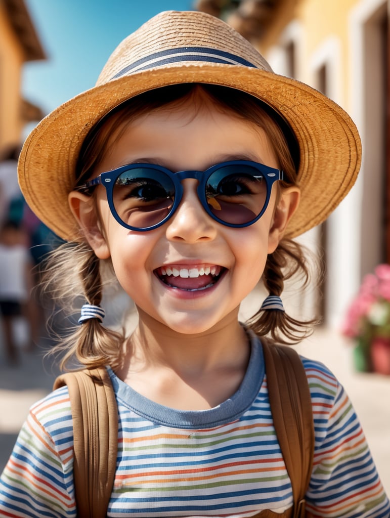 photo happy little girl going to travel, cute girl, Striped T-shirt, straw hat, sunglasses, harpers bizarre, cover, headshot, hyper realistic