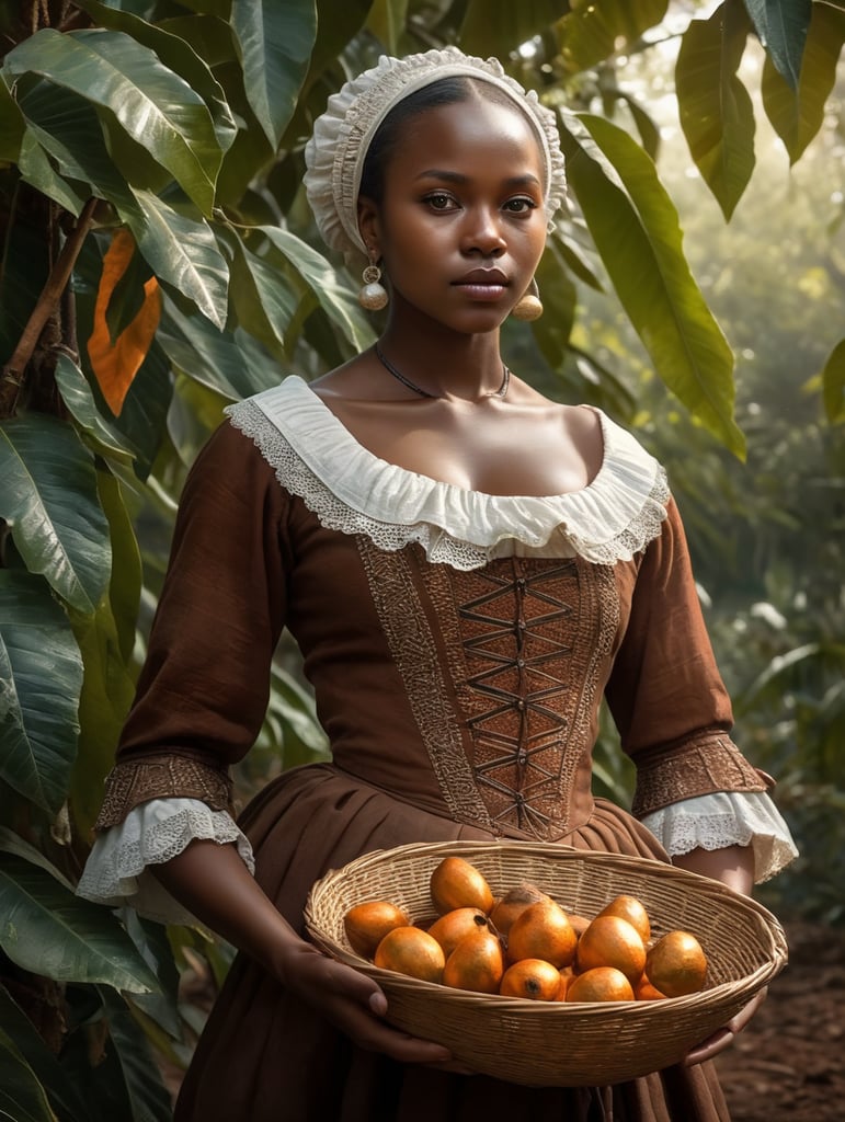 Portrait of a South African girl, in classical 18th century clothing, growing South African cocoa beans, in folk South American clothing, in dramatic lighting. Depth of field, grove of cocoa trees in the background. Incredibly high detail, holding fresh fresh cocoa fruits in hand
