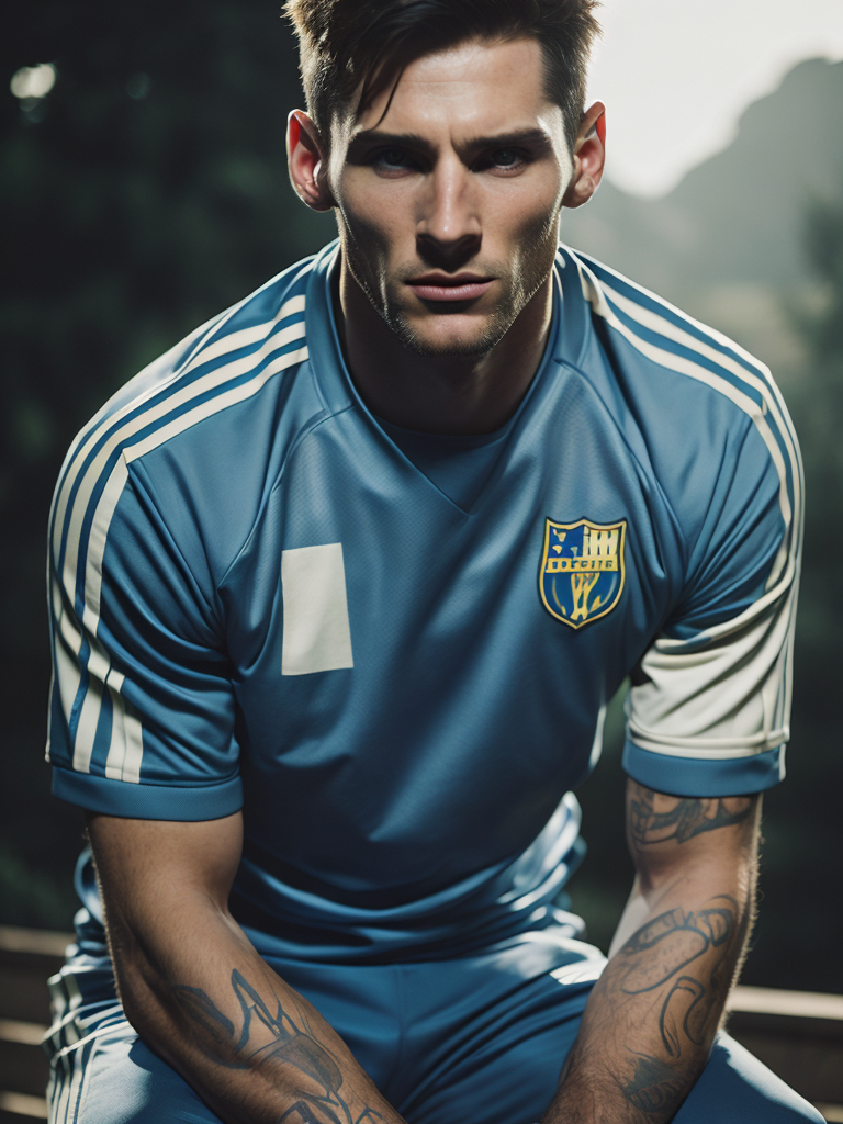 Messi adidas raglan football uniform bright blue and white colors saturated colors highly detailed fashion magazine sharp focus dramatic lighting depth of field