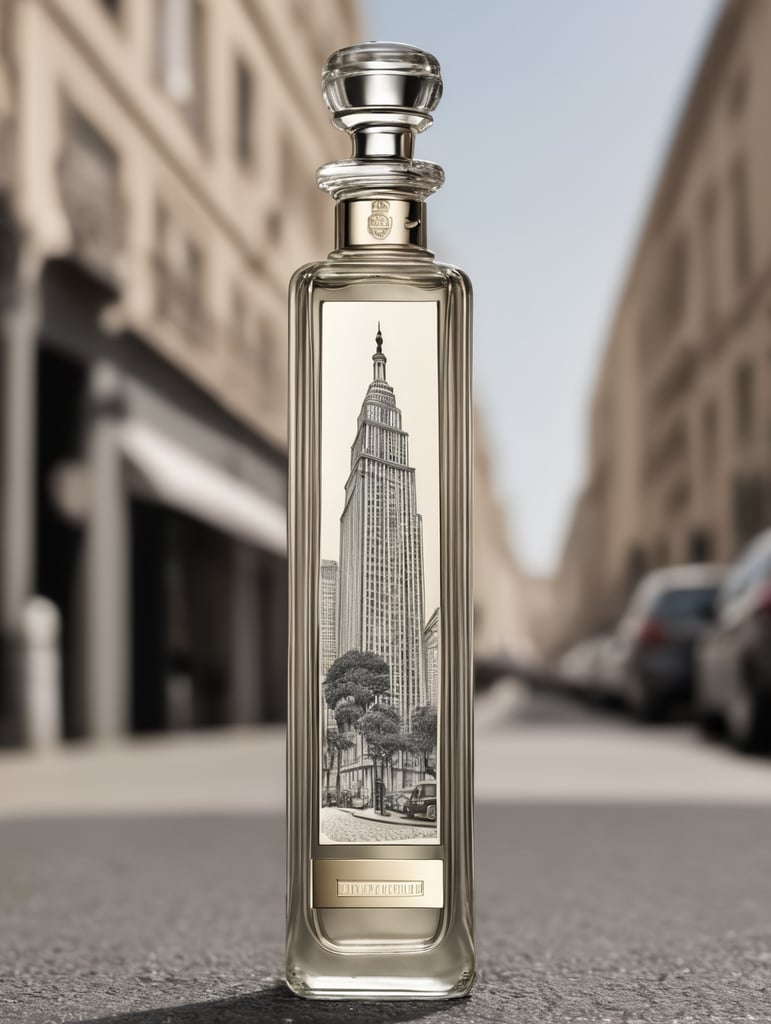 botella de perfume muy alta y esbelta con tag street, monocromatico en alto relieve
