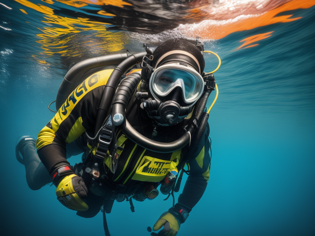 A commercial diver wearing a Kirby Morgan KM 37 dive helmet, underwater, ultra realism, super detailed, neon colors, magazine cover, professional shot, magazine photography, bright saturated colors, sharp focus, highly detailed