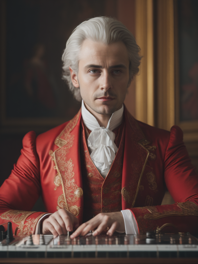 Wolfgang Amadeus Mozart in a 18th century red suit making music on a DJ table, Against the background of the interior of the palace full of guests, studio photo, professional photo, Bright and rich colors, Detailed image, detailed face,