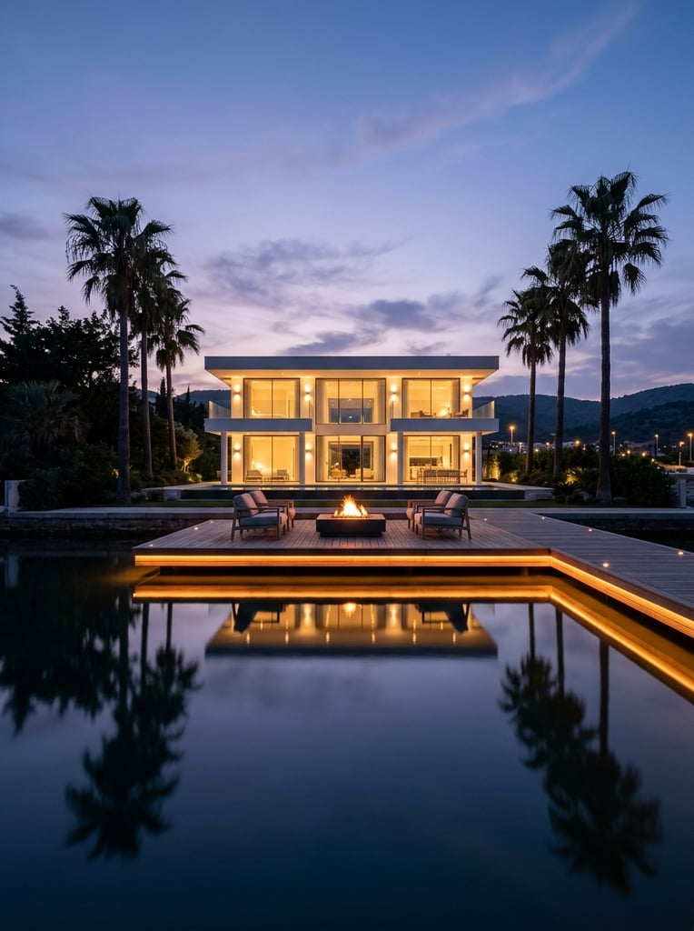 A modern luxury villa at twilight features minimalist white architecture and large windows glowing with warm light. Tall dark palm trees frame the two-story structure against a soft blue cloudy sky. In the foreground a wooden deck extends over calm dark water featuring lounge chairs a fire pit and orange under-lighting. The illuminated house and deck create a perfect symmetrical reflection on the water surface. The image uses a wide symmetrical composition typical of high-end architectural photography.