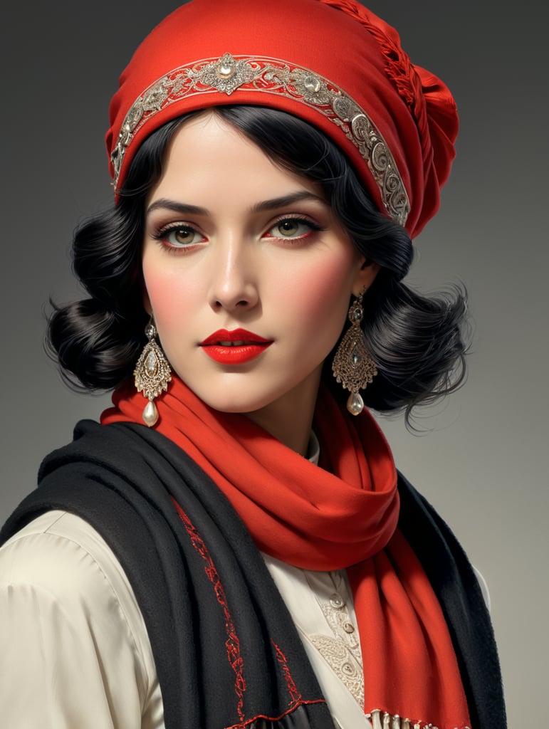 ulher arafed em um Chapéu vermelho e lenço em uma Capa de revisão piCtóriCa, Cor vistosa dos anos 1920, 1 9 2 0 s anúnCio, 1 9 2 0 s Cabelo de pano, J C LeyendeCker 8 K, j. C. LeyendeCker 8 K, j. C. LeyendeCker. Cabelos pretos