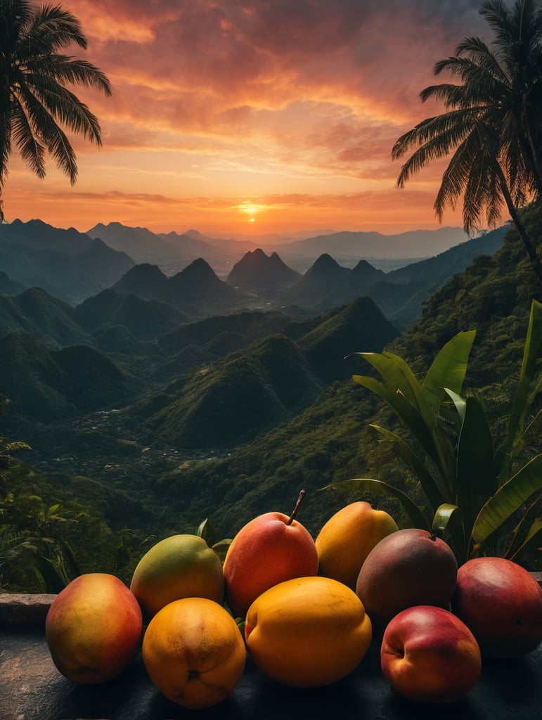 Mango and tropical fruit in a forest in front, unsharp background with sunset vibrant colors nature art scenic horizon mountain range skyline views artistic beauty colorful scenery nature photography sunset inspiration