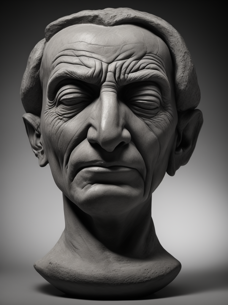 ein trauriger keramikkopf im sinne von peter voulkos und man ray. schwarz weiß foto