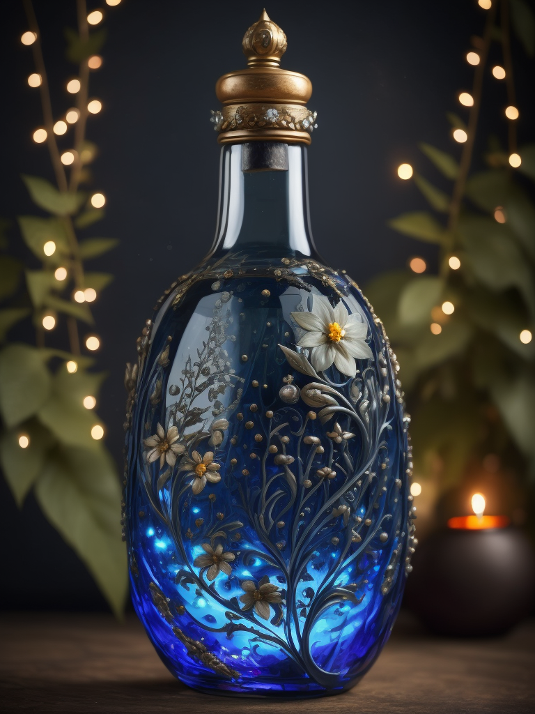 Magic elixir bottle from, carved glass, decorated with flowers and gems, fairy atmosphere, illumination, dark blue color, smoke