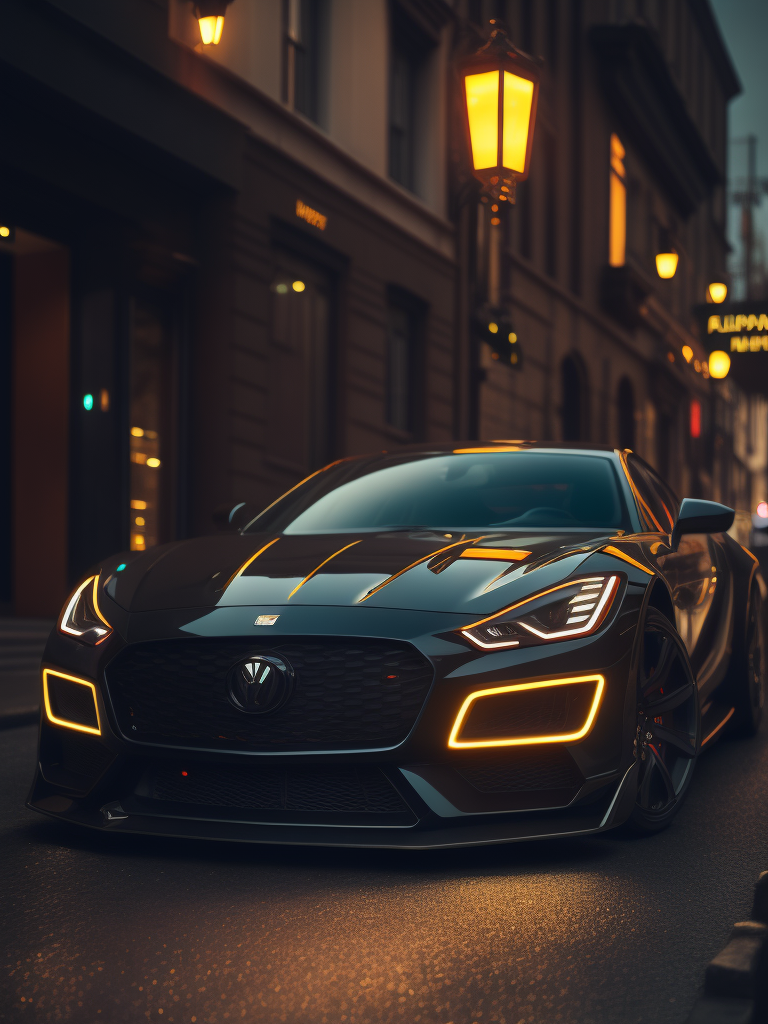 luxury car, bright colors, night lights, hd photo