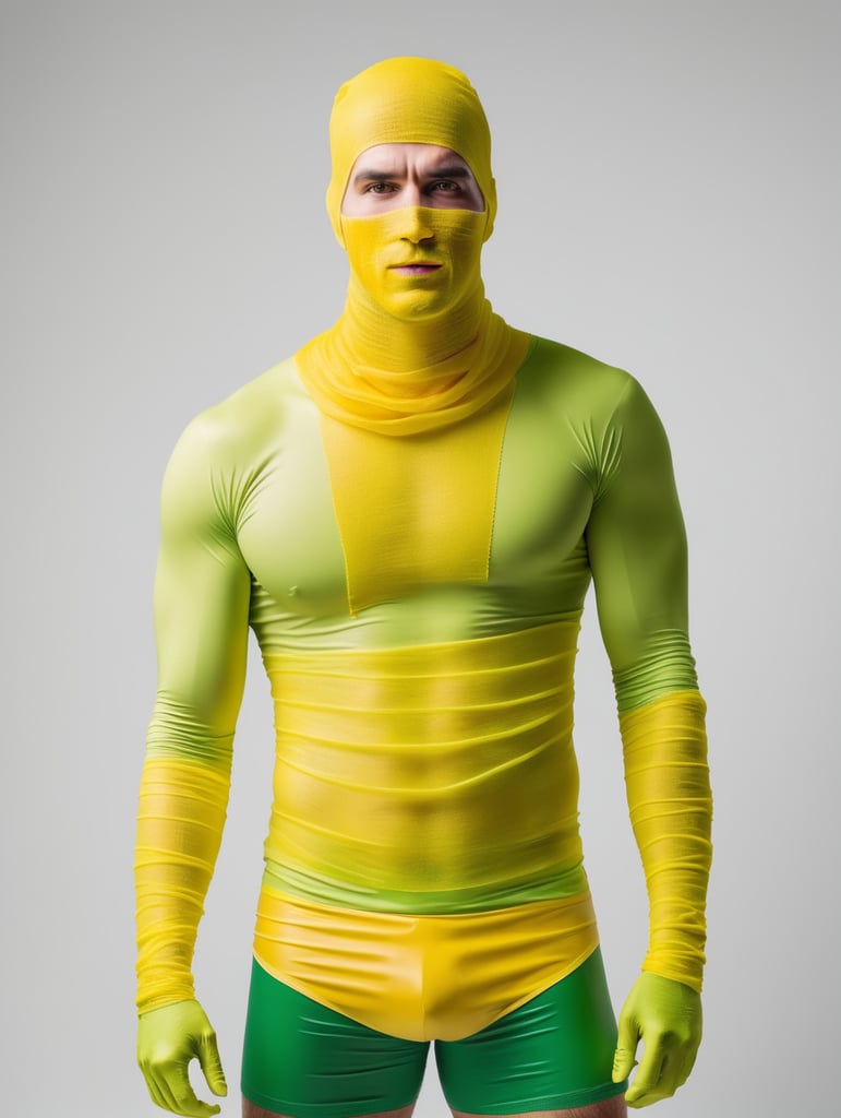 A photograph of man covered in yellow bandages with realistic style, halloween costume, green background, full body, show hands, show neck and head