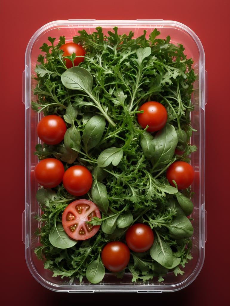 blank Transparent Plastic Container with Arugula Salad, isolated, red background, Mockup, mock up