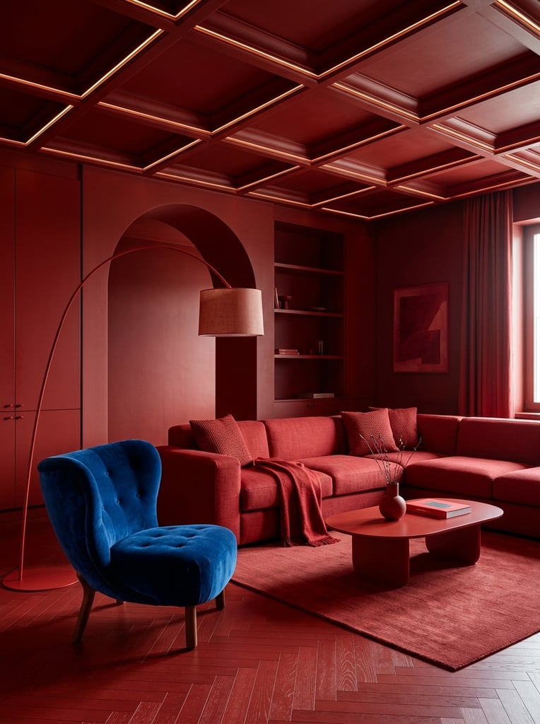 vivid monochromatic red minimalist living room, starkly contrasting single plush deep blue armchair, red L-shaped sectional sofa, sweeping red arched floor lamp, red oval coffee table, red coffered ceiling, red herringbone wood floor, dramatic architectural lighting, photorealistic interior render