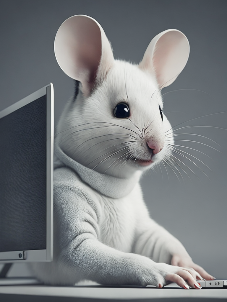 Cute white mouse look like a human stylized as a software engineer near the computer. Large free space on the left half of image. High key. White color.