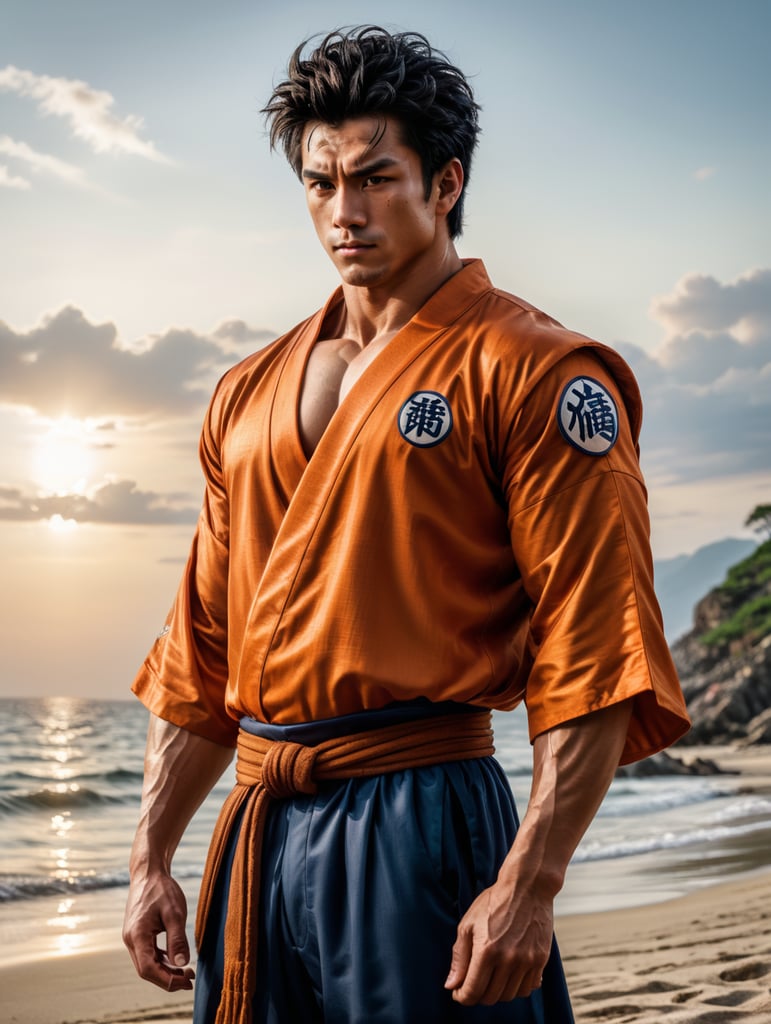 Crea una imagen realista de Goku, el protagonista de Dragon Ball. Goku es un hombre de complexión atlética, con un físico musculoso y una altura de 1,75 metros. Tiene el pelo negro y corto, con una raya en el medio, y ojos marrones. Su piel es de color bronceado. Respeta su traje caracteristico, kimono naranjo con la insignia de la tortuga. Debe estar sentado mirando el mar de espalda.