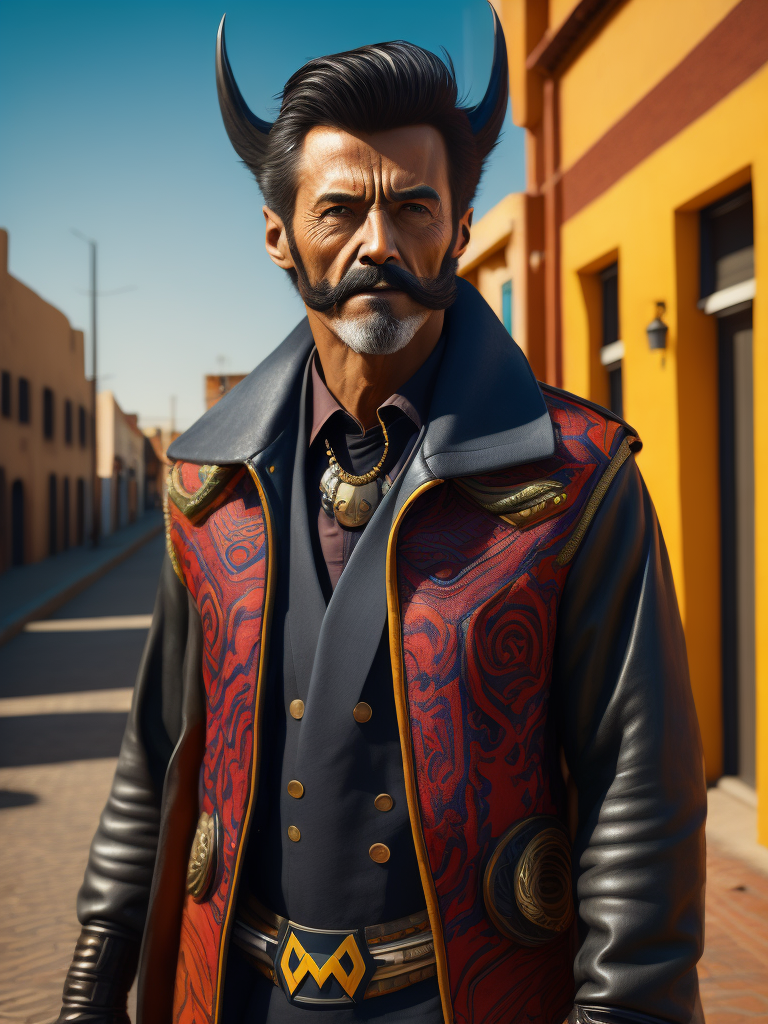 Wolverine x-men character on a mexican street with mexican clothes and bog moustache, with colorful bakcground, vogue and stylish