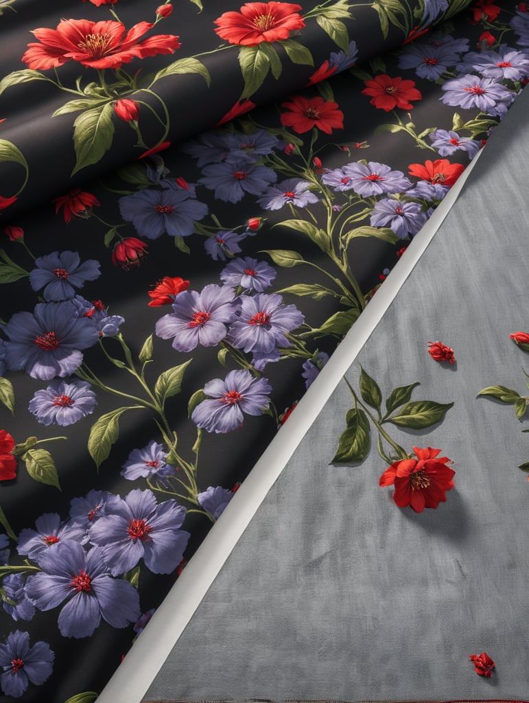 Fabric with printed graphics of red flowers