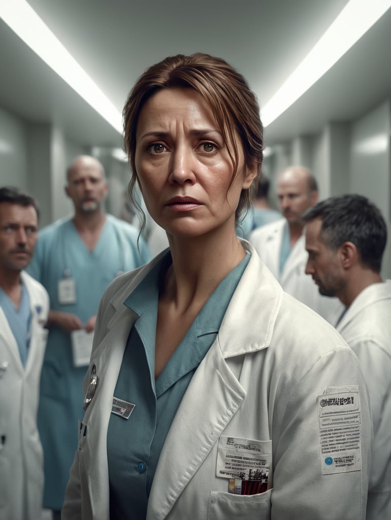 a 40-year-old female doctor, very tired, with an aged face, in a dirty white coat, unmotivated, working night shifts in a crowded hospital corridor, with many patients and nurses along the corridor. Wide view, vignet effect, light focus on face