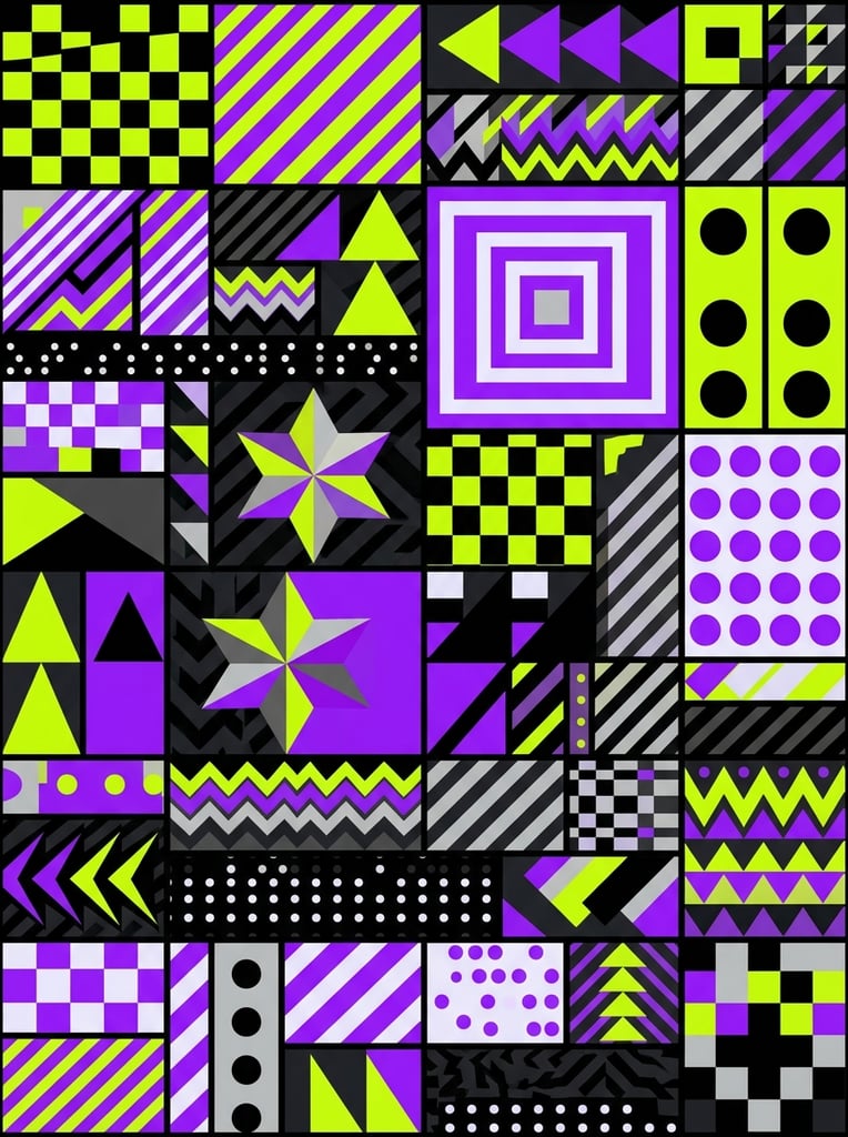 A dense geometric mosaic in a high-contrast palette of neon chartreuse, bright violet, black, white, and light gray. The flat vector patchwork features rectangular blocks filled with checkerboards, diagonal stripes, concentric squares, and aligned circles. A faceted star sits among solid triangles, jagged rows, and dotted bands, forming a crisp, vibrant abstract grid with hard edges.