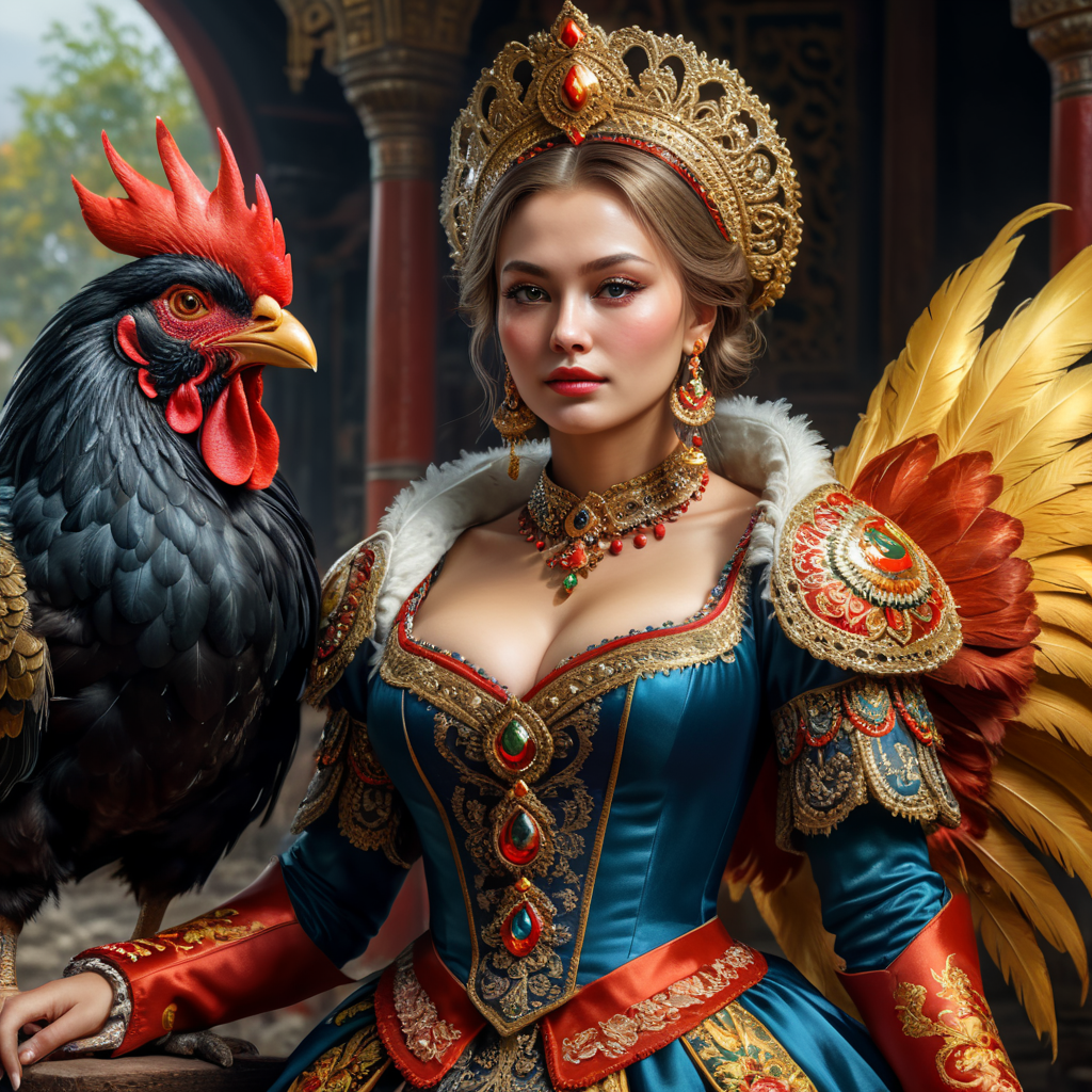 Portrait of a Beautiful women from Russian fairytale wearing traditional costume wearing a Rooster cosplay.