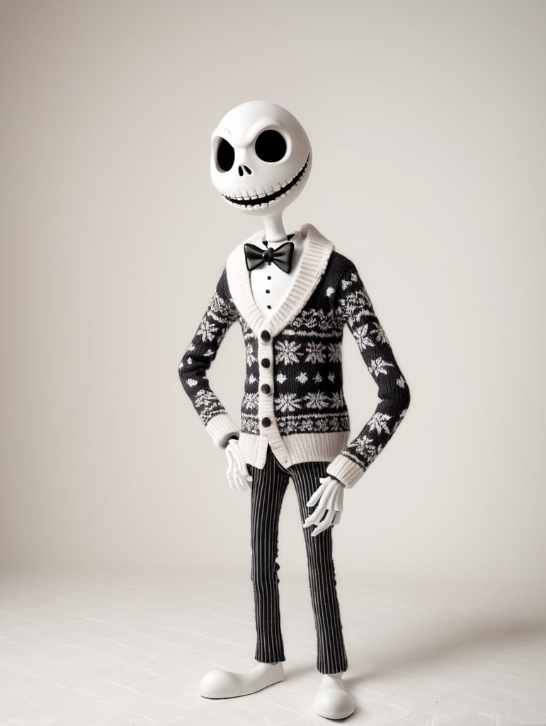 Jack Skellington standing wearing an ugly Christmas sweater