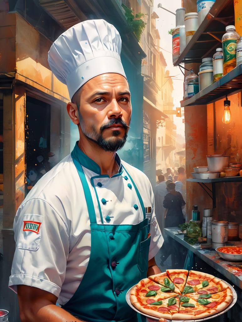 full standing centered Portrait of Pizza chef, bright and saturated colors, highly detailed, sharp focus, Bright expressive, Depth of field, Incredibly high detailed, on a white background