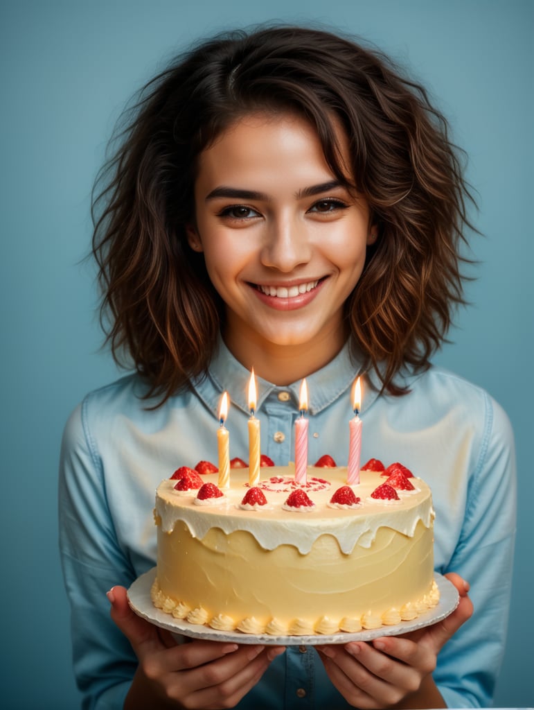 young woman , smiling, holding slice of birthday cake in your hands, fullbody,