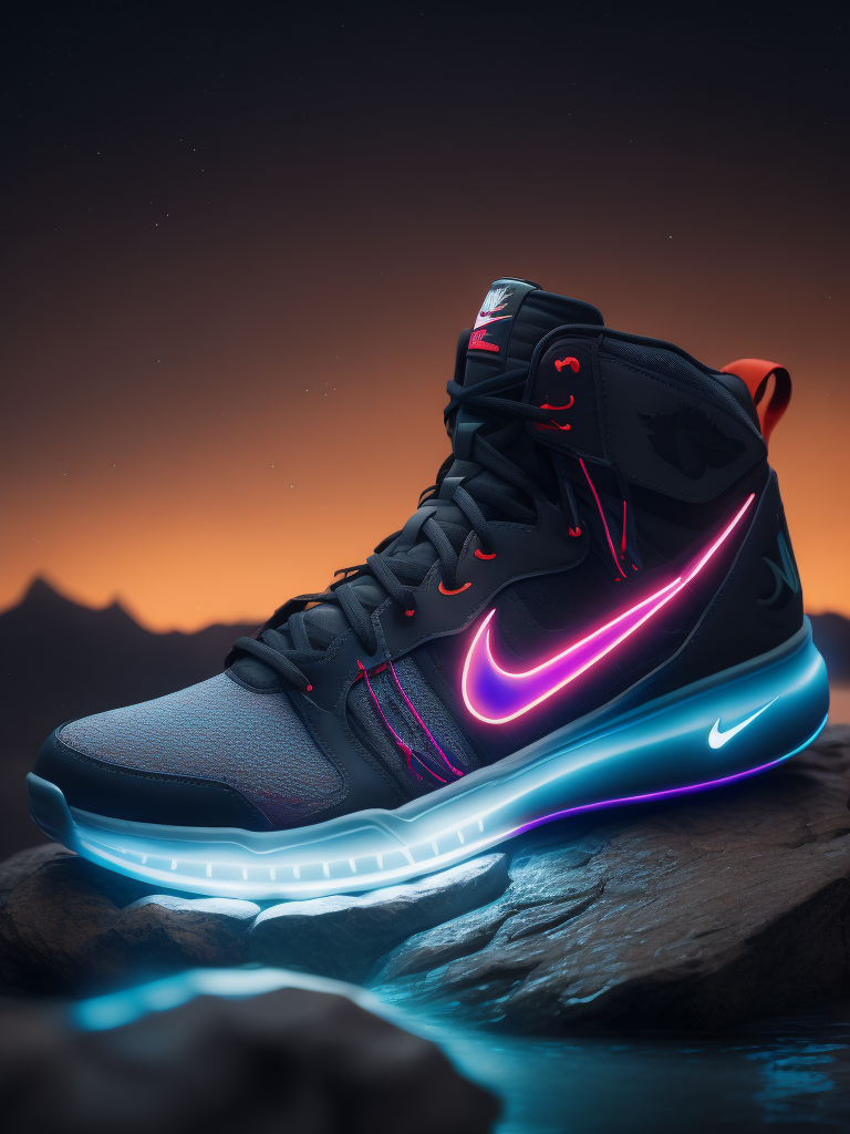 Illustration of a nike sports shoe in neon lights on a rock at night with moon light, bright and saturated colors, highly detailed, sharp focus, fashion magazine style