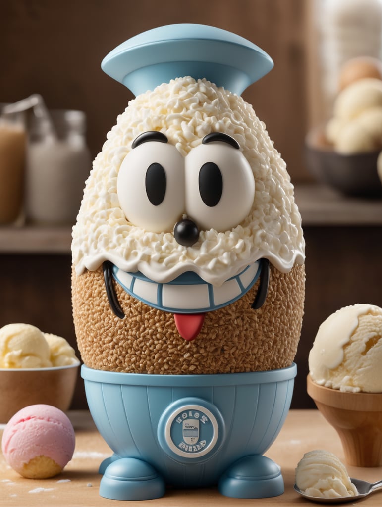 wiffle shaped like a football character , grain grinder on top, ice cream backing , freez, realistic