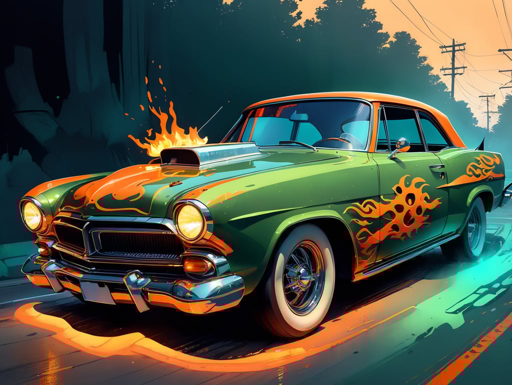 : A vector flat illustration of a classic car transformed into a Halloween hot rod, with stylized flames painted on the sides, a spooky skeleton driver, and eerie green headlights, capturing the spirit of Halloween excitement, Vector Flat Illustration, designed with vector graphics software to convey the fun and creativity of Halloween car decorations