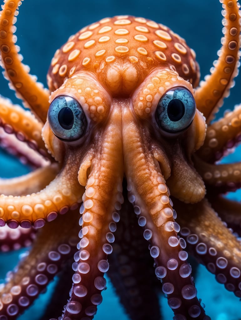 Octopus photography, extreme close up of an octopus showing its tentacles in a blue background, in the style of darkroom photography, orange and magenta, fluid simplicity