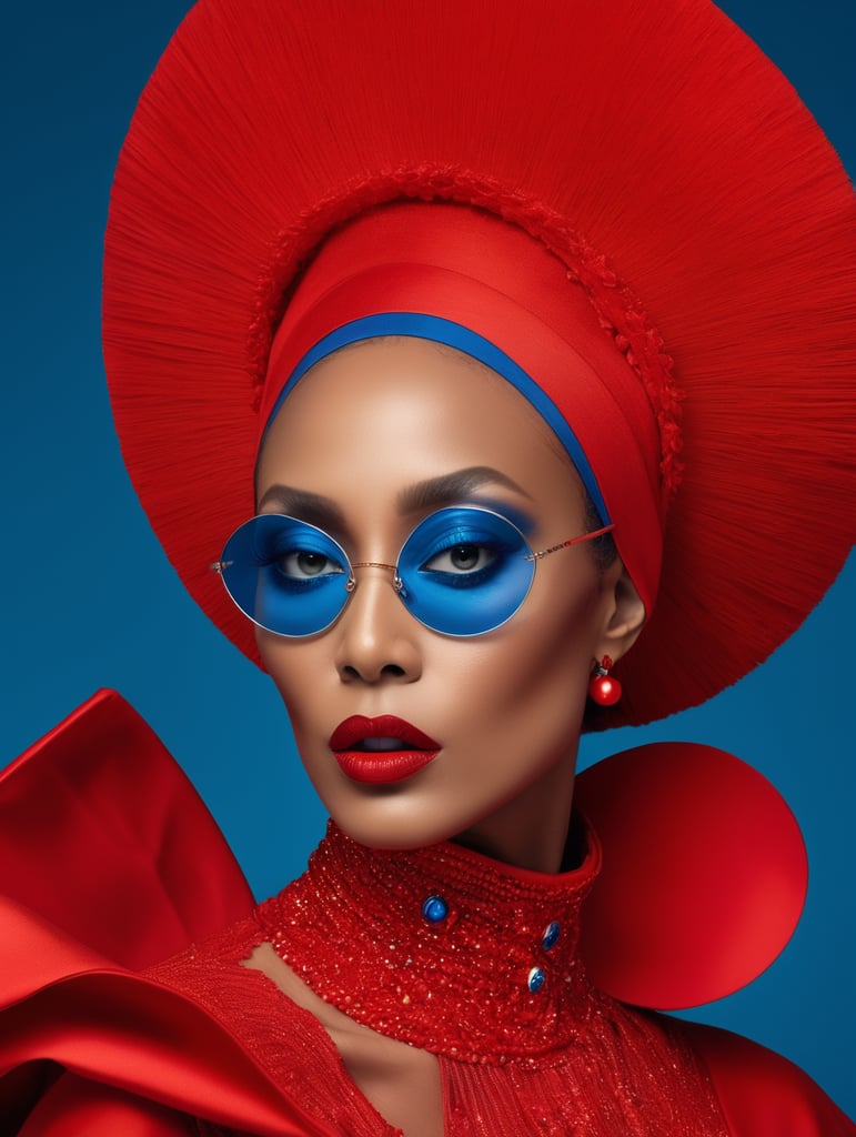 Donyale luna, 2023, avant-garde, simplyrgp, photo shoot spread, dressed in all red, blue background, harpers bizarre
