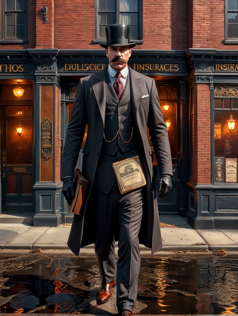 Explore the duality of H.H. Holmes as he dons a sharp suit and expertly sells insurance, all while his hidden malevolence lurks just beneath the surface. Use your creative vision to capture the contrast between his charming facade and his true nature."