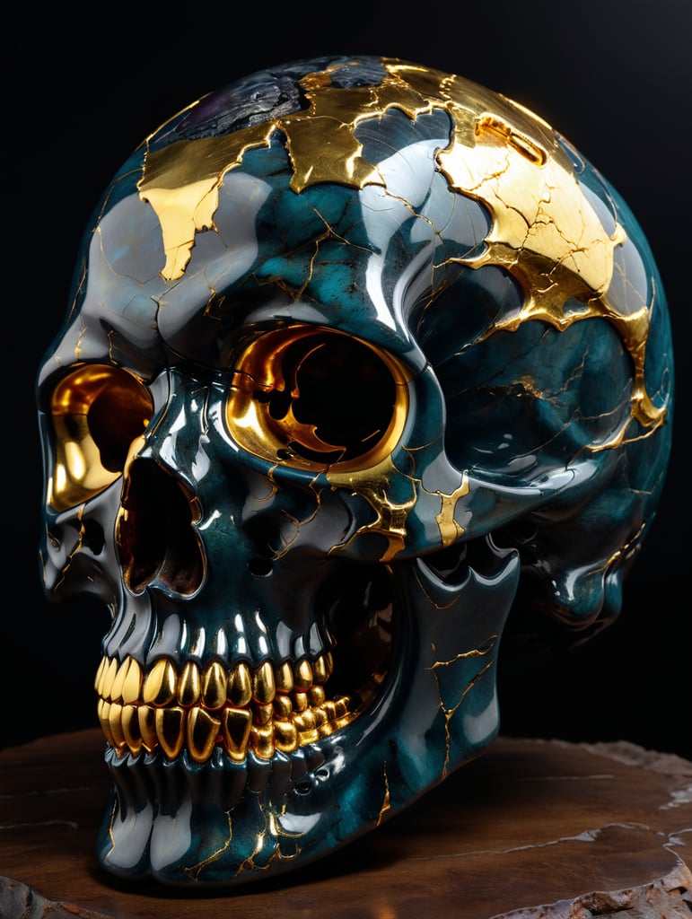 A cracked shiny obsidian sculpture of a skull with gold inside, studio lighting, dark background
