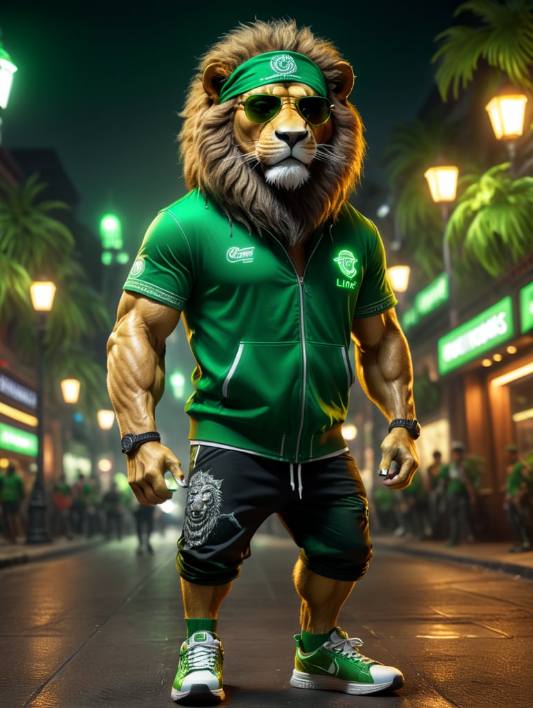 realistic lion, wearing green night life outfit and sneakers,8k, unreal engine render, full body wearing sunglasses and bandana