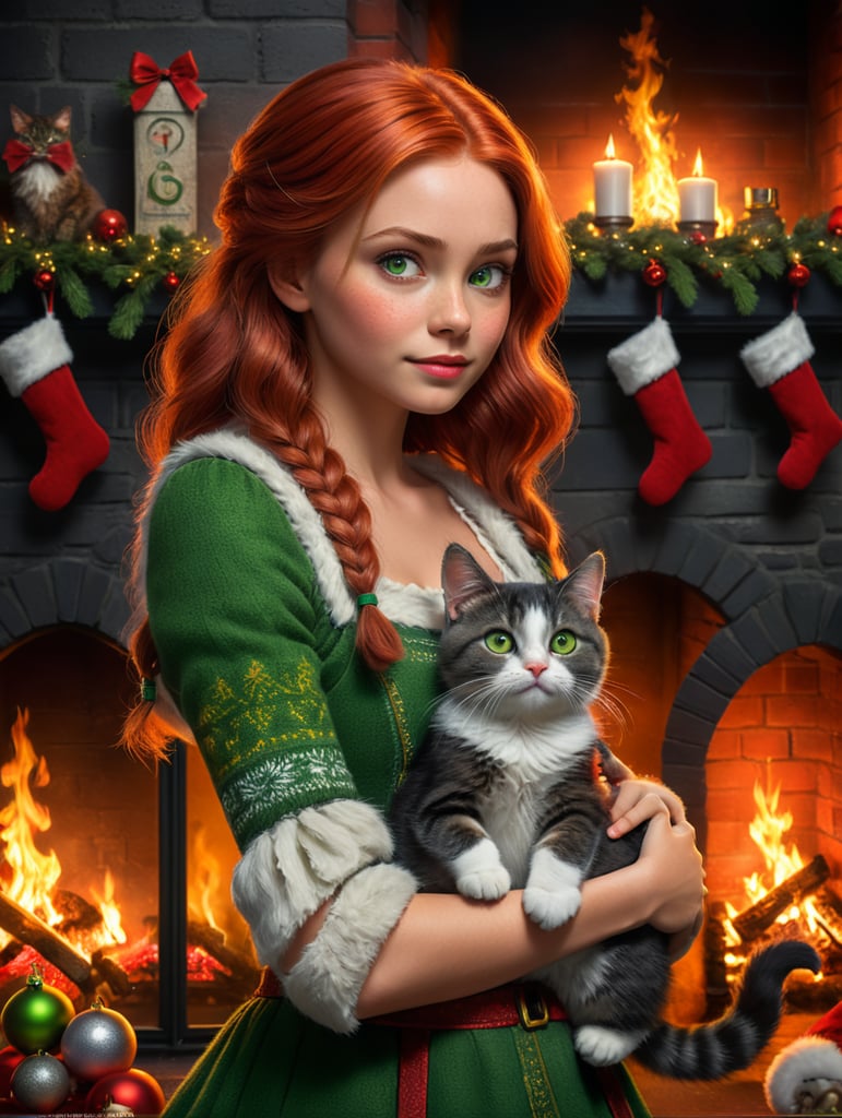 Disney Pixar inspired movie poster with the title Lena in the image a the girl has red hair straight to her shoulders, holds a cat, gray fur, green eyes, at home by the fireplace, Christmas decor