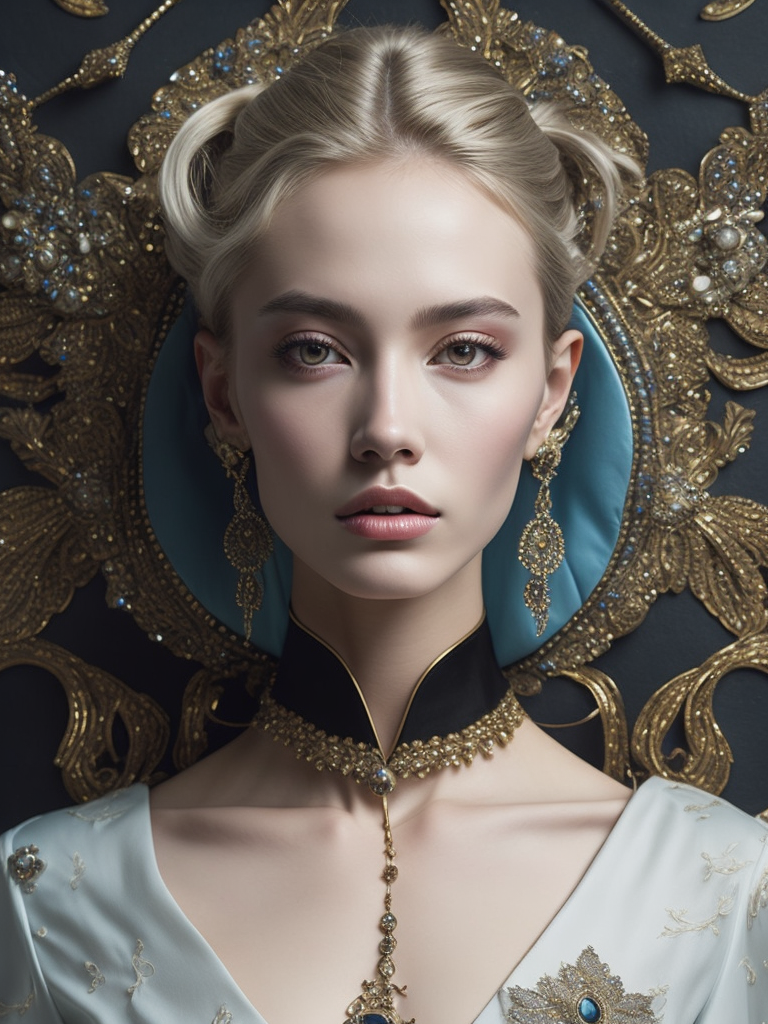 A beautiful painting featuring a young blonde woman and jewelry, in the style of zhang jingna, rinko kawauchi, baroque - inspired details, dark gold and light blue, fanciful, dreamlike imagery, hyper - realistic details, enchanting realms
