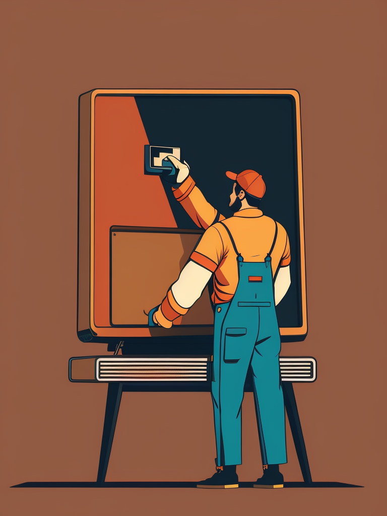 Minimalistic line art, a repair man installing a tv to a wall in a home, 2d, flat colors, shadowless