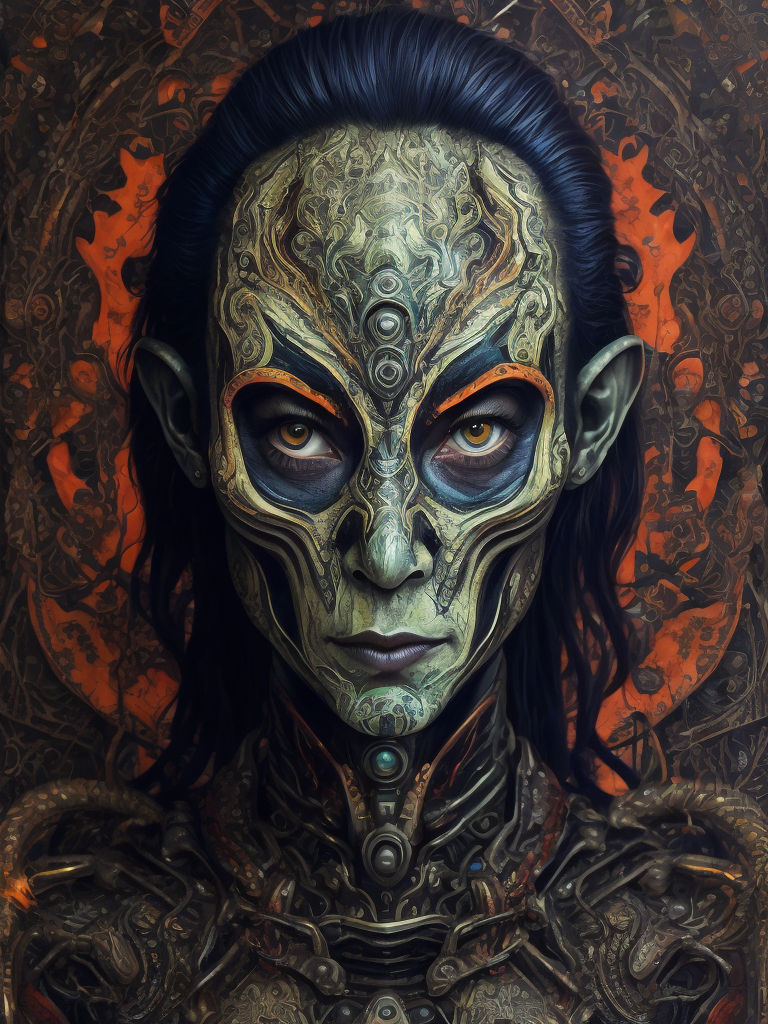 Portrait of an alien, batik, intricate details, surreal, Alien, Cyberpunk Trashcore Style, s 1000