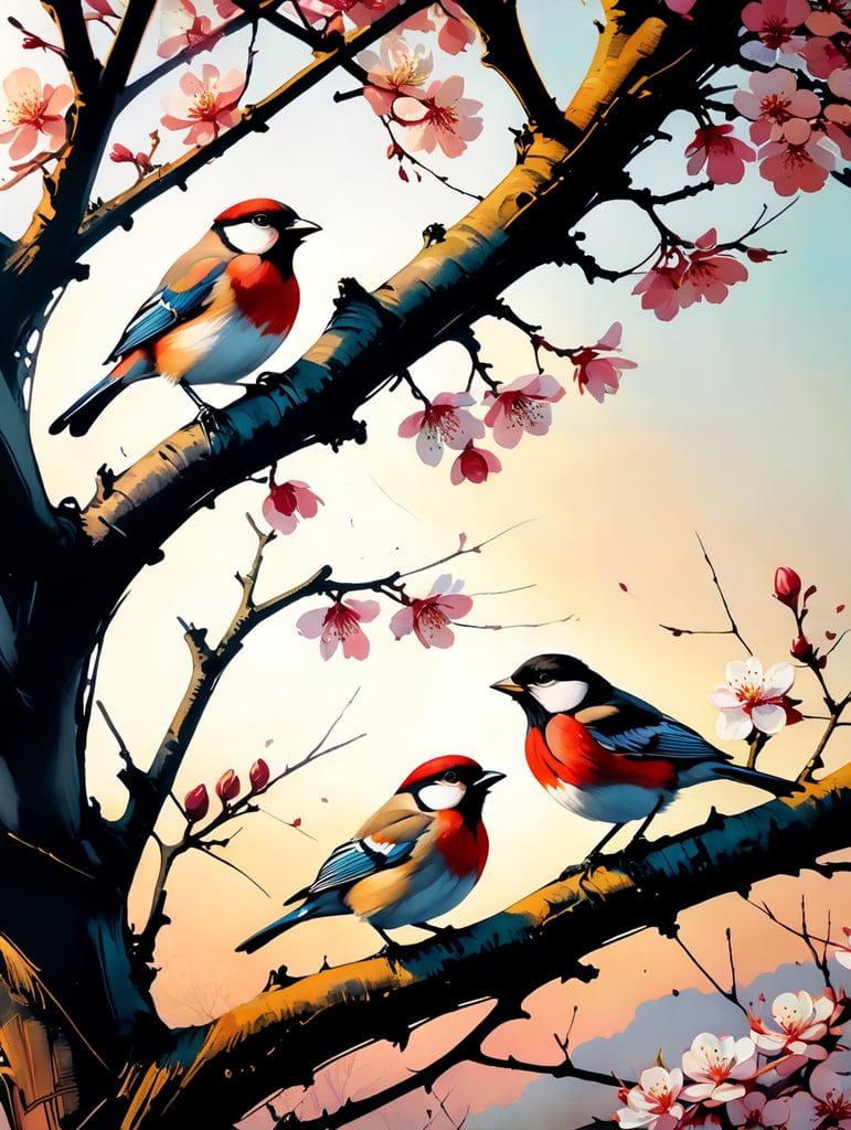 Apple tree covered in red and white blossom in springtime with early morning sun. Two small birds sitting on the branches.