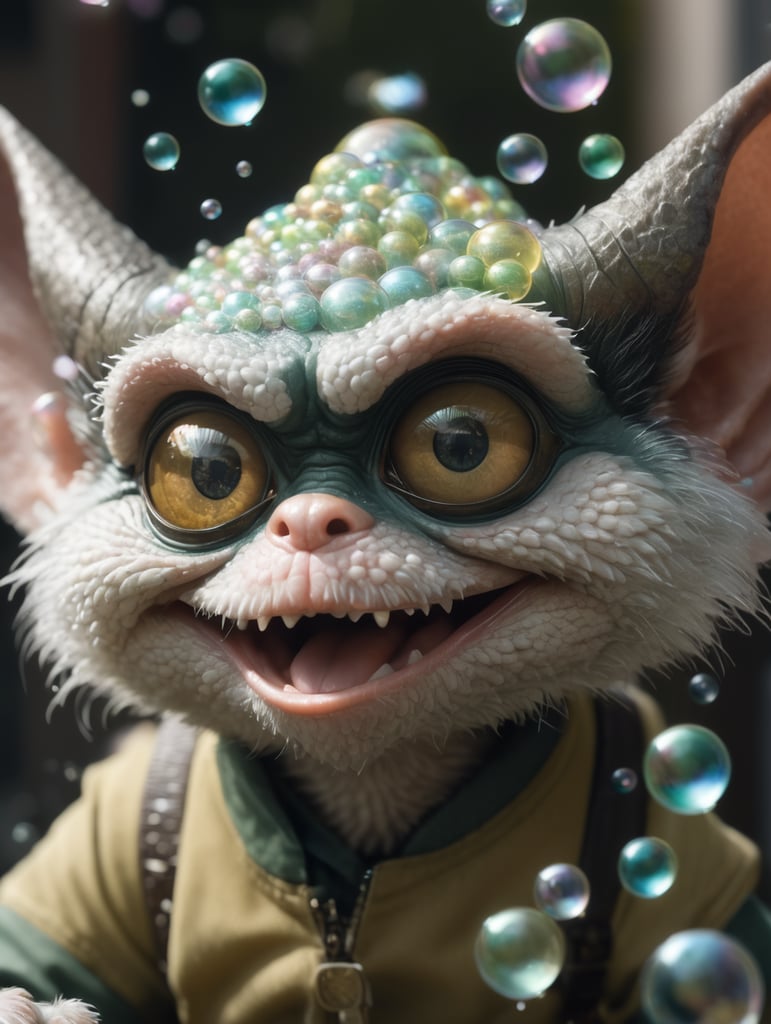 Medium close-up, leica portrait of a gremlin holding bubbles, coded patterns, sparse and simple, uhd image, urbancore, sovietwave, period snapshot, realistic photo, 4k realistic photo