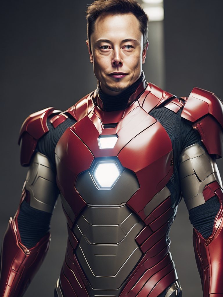Elon Musk in the Iron Man suit from the Marvel Universe, Full body, high definition, photography, cinematic, detailed character portrait, detailed and intricate environment,