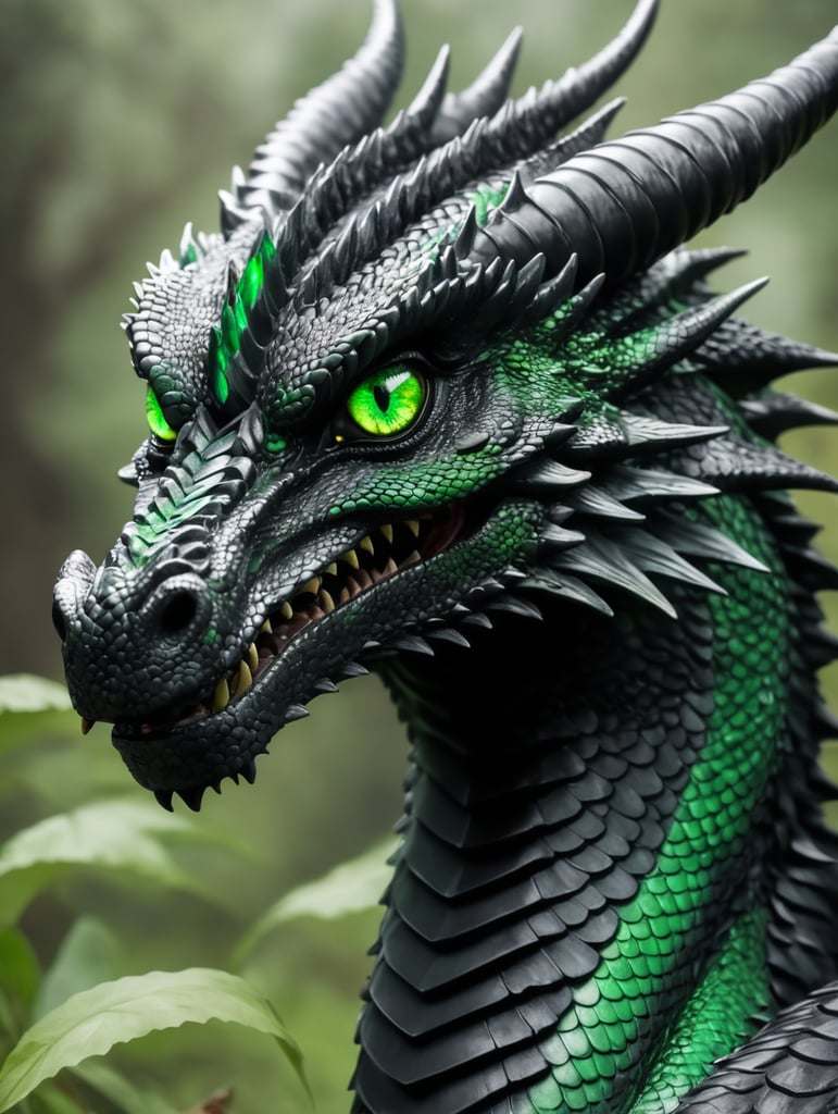 Bkack dragon with green eyes