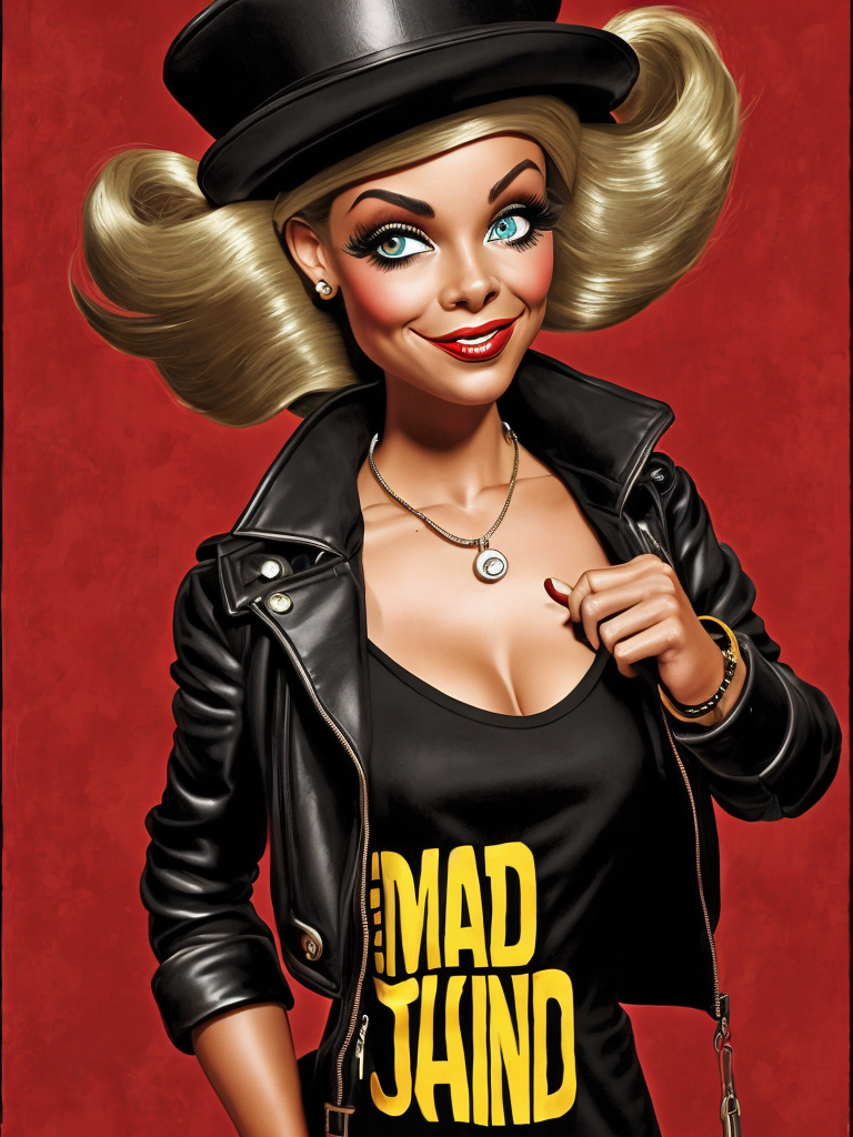 Barbie, wearing black, Portrait, Comic, Mad Magazine, USA, style of Jack Davis