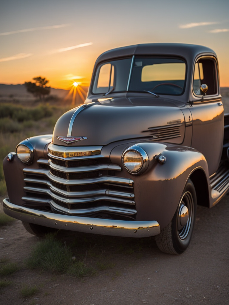 beautiful old pickup at sunset volumetric light, detailed, sharp focus, highly detailed,
