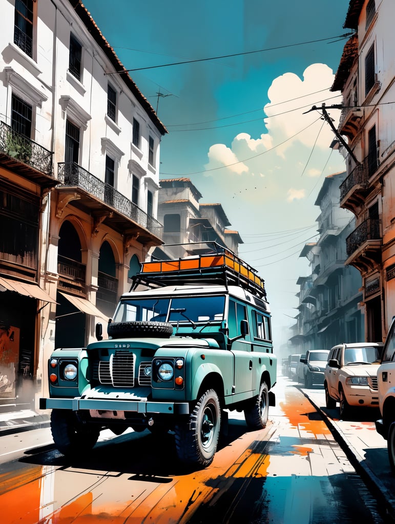 Ancient series 3 land-rover on wide African plains with surfboard on roofrack. Black and white. Ralph steadman gonzo style illustration.